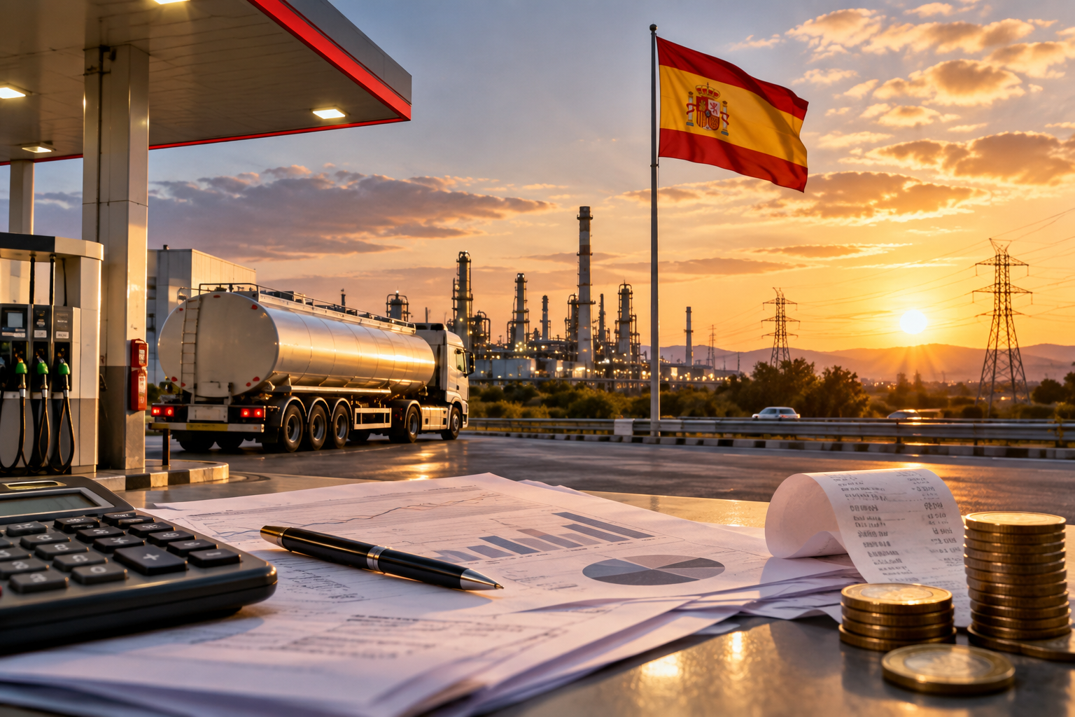 Ilustración de transporte, combustibles y medidas fiscales energéticas en España.