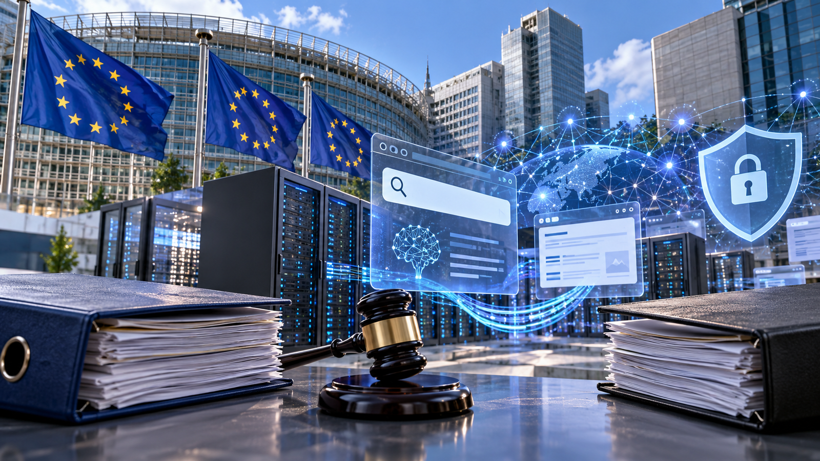 Ilustración de Google, datos digitales y justicia en la Unión Europea.