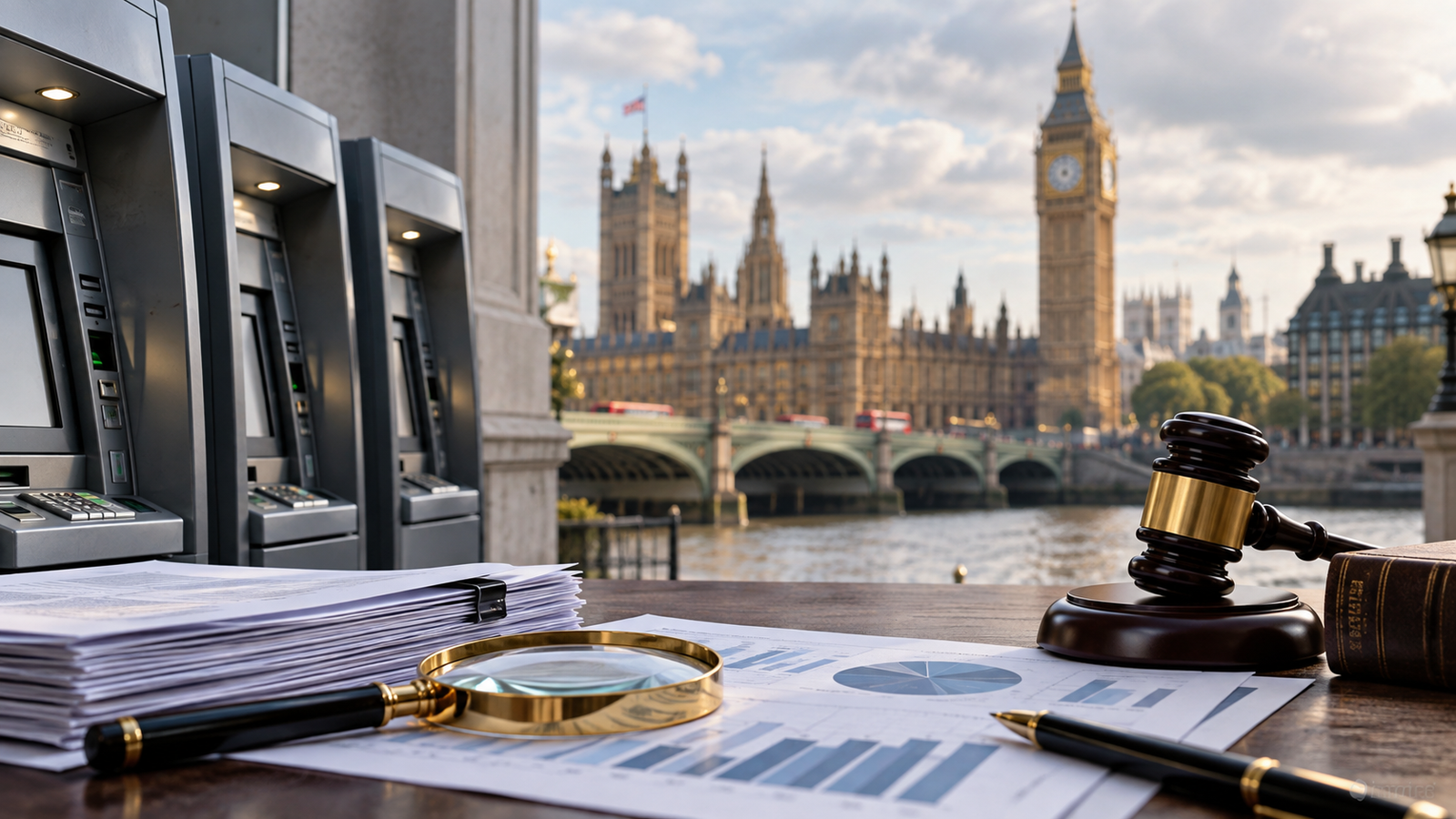 Ilustración de cajeros automáticos, un mazo judicial y Londres.