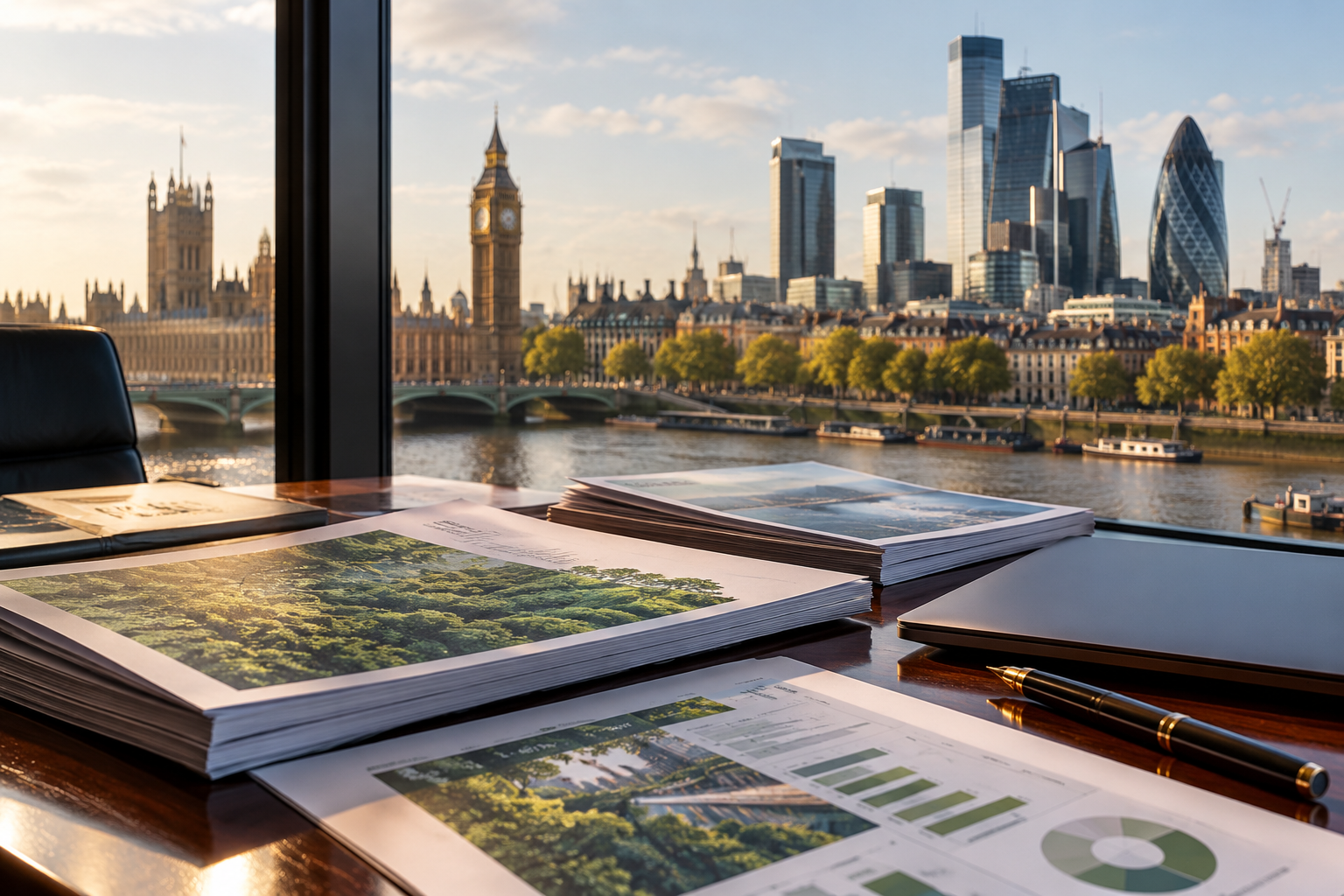 Ilustración de informes de sostenibilidad empresarial con Londres al fondo.