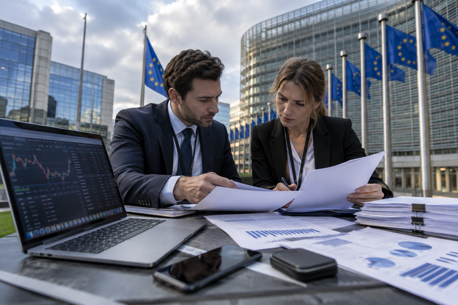 Ilustración de revisión regulatoria de criptoactivos ante instituciones europeas.