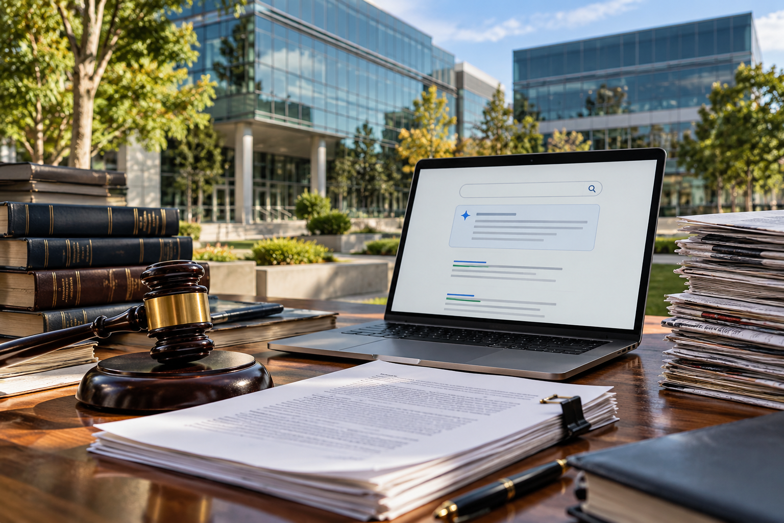 Ilustración de investigación jurídica digital, documentos y un mazo judicial.
