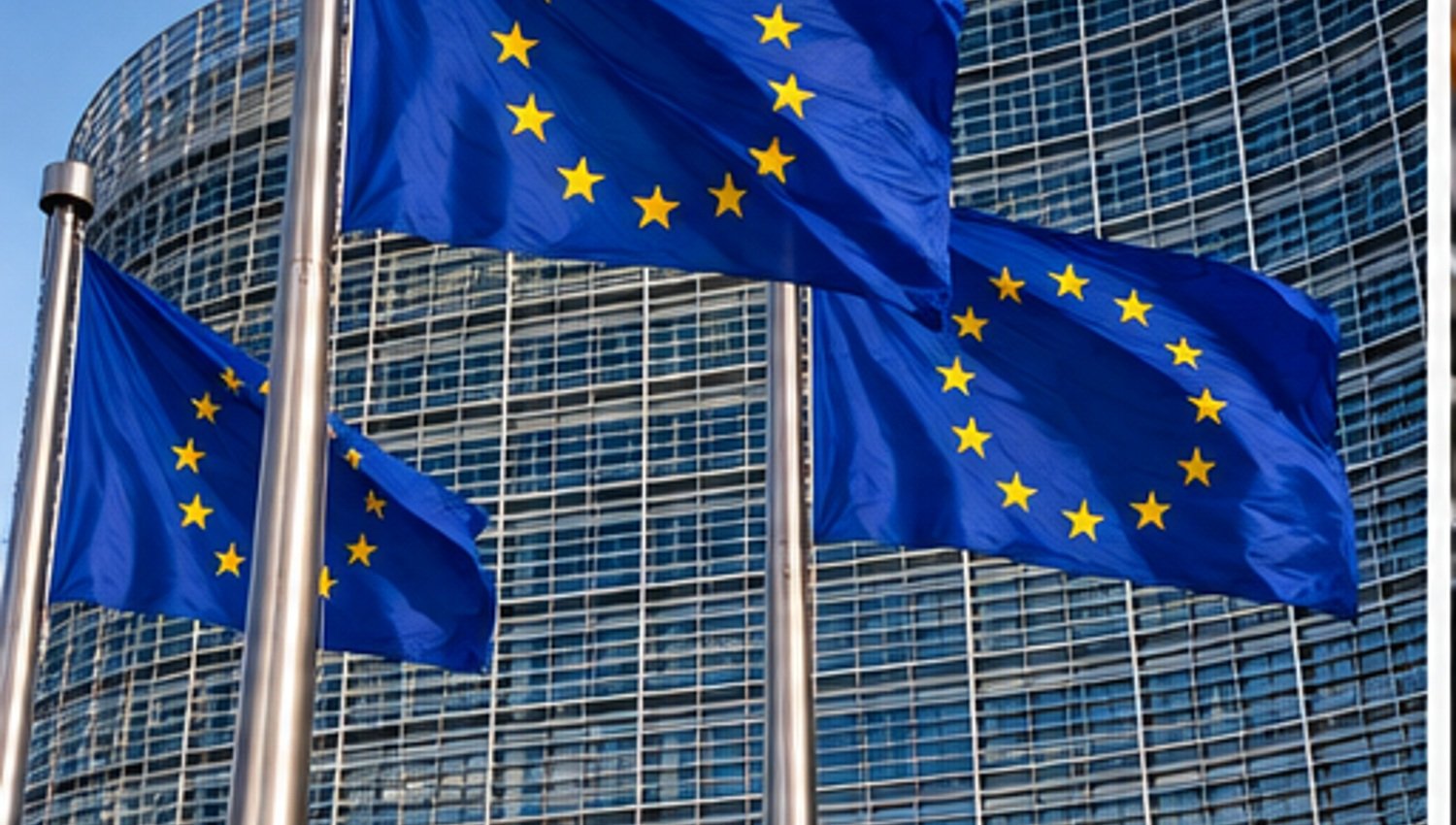 Ilustración de banderas de la Unión Europea ante un edificio institucional.